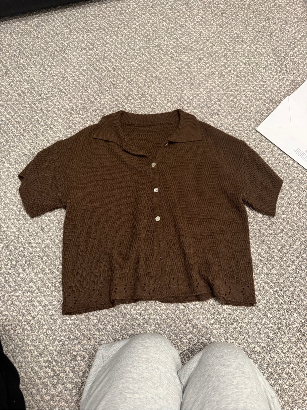 Brown Knit Short Sleeve Button-Up Top